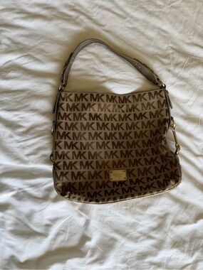 Michael Kors Brown MK Logo Shoulder Bag with Gold Hardware